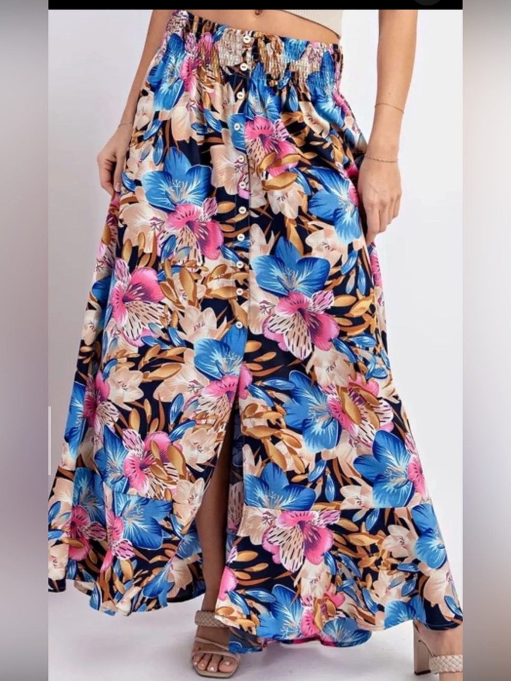 Floral Maxi Skirt with Smocked Waist - Blue Pink Floral